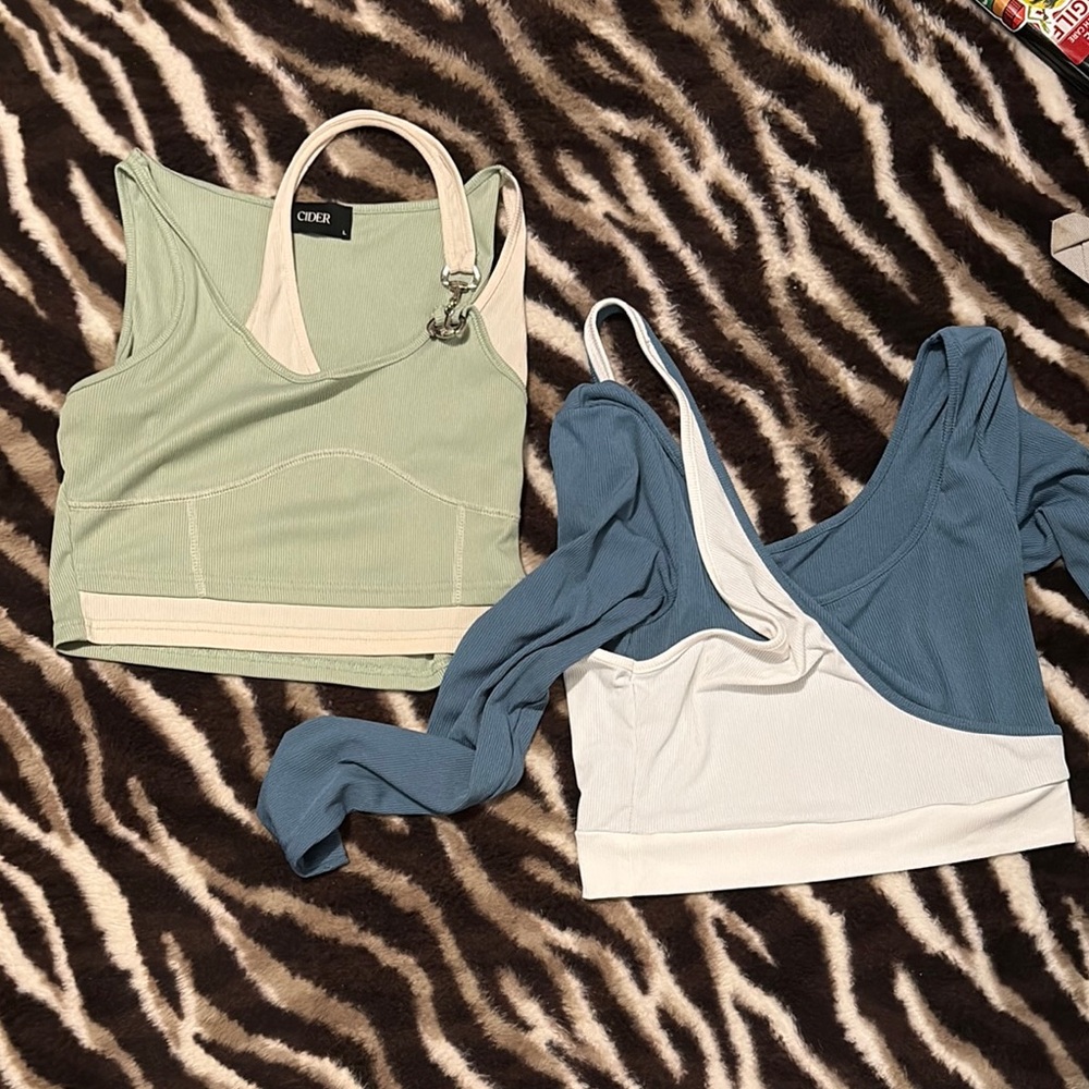 Cider Asymmetrical Cut Out Crop Top in Green and Blue